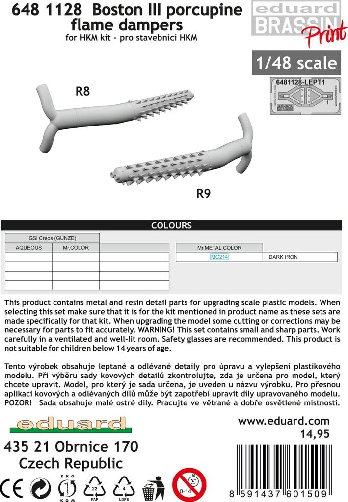 Eduard 1/48 DB-7B Boston III Flame-Suppressing Exhaust Pipe (for HK Models) Plastic Model Parts EDU6481128 (Airplane)