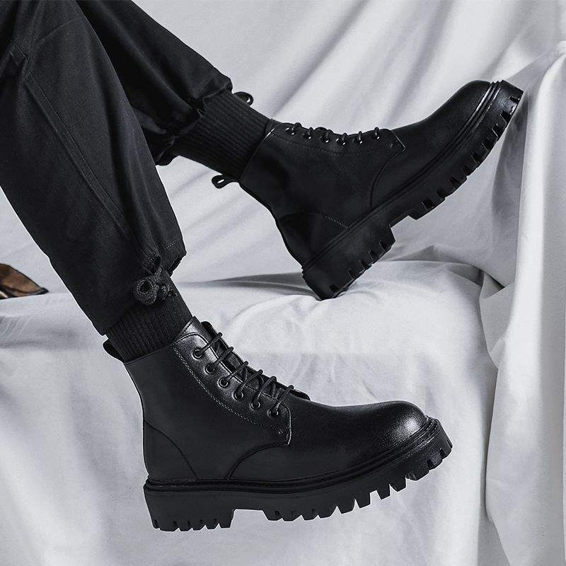 Autumn Martin boots Men's British high-top boots New mid-top leather shoes Black tooling Chelsea short boots