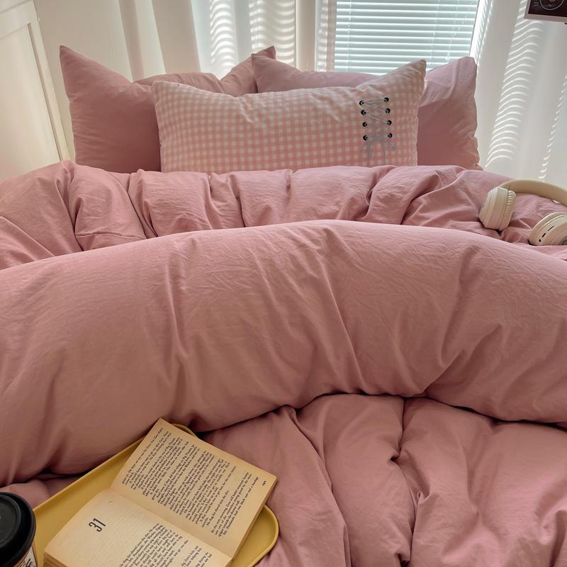 Solid INS Style Bedding Set For Adults Kids Pink Cotton Fitted Flat Sheet With Pillowcases Colorful King Queen Full Size