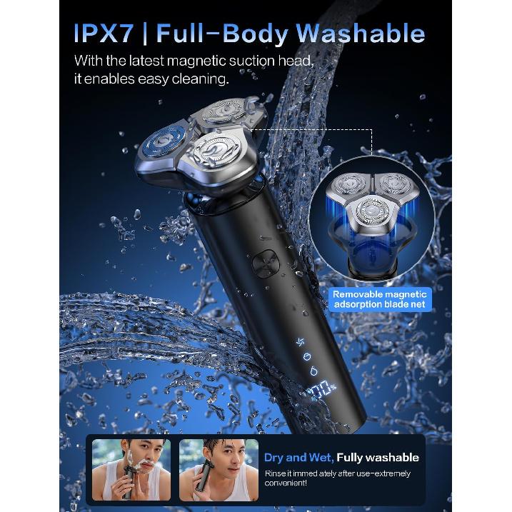 Electric Razor for Me, 3-Blade Rotary Shaving System,Waterproof Wet Dry Cordless Razor,Touch Switch,Type-C Fast Charging,Digital Display,Travel Lock
