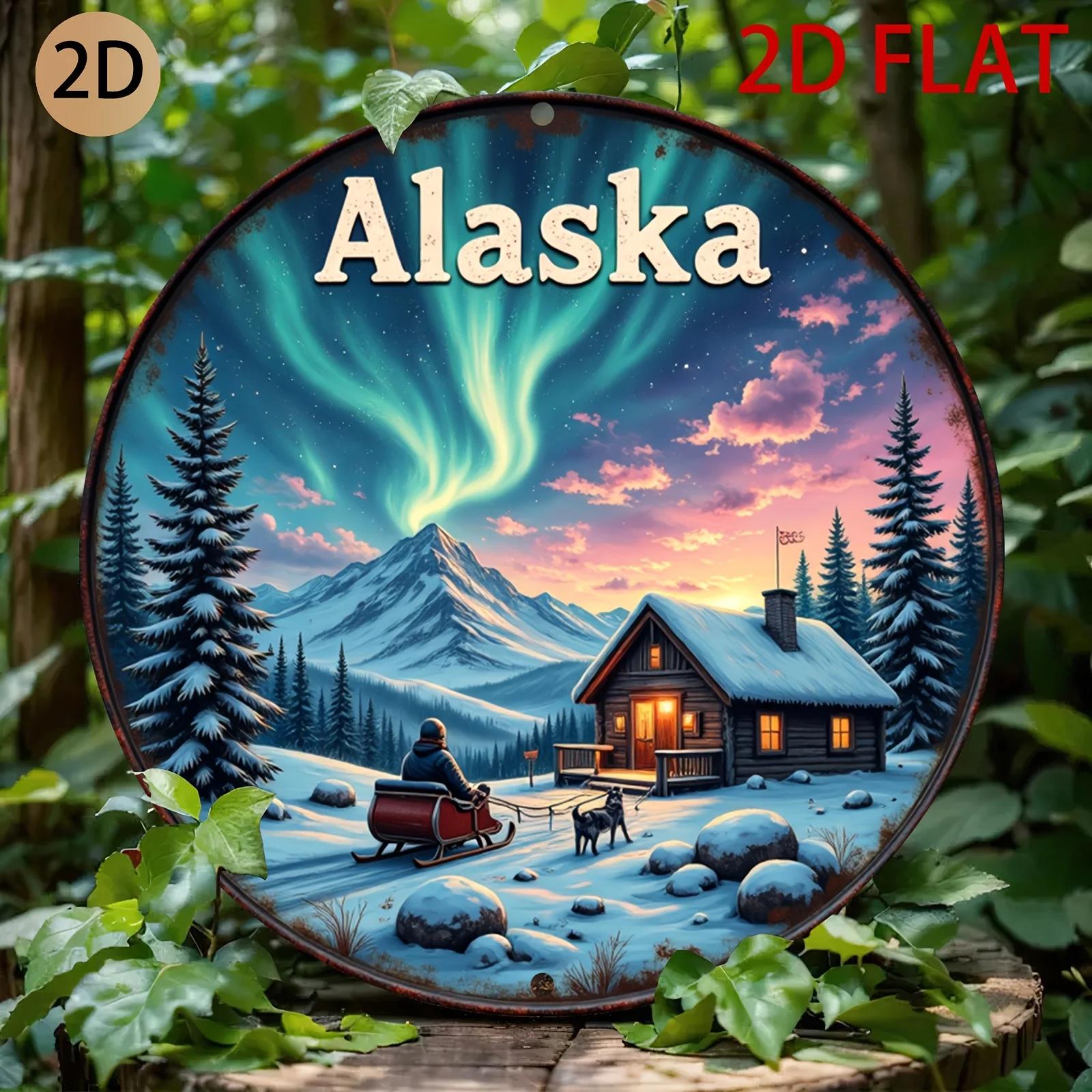

HD Aluminum Metal Sign Alaska Northern Lights Round Wall Decor Retro Winter Cabin Sled Dog Aurora Design Tin Poster for Home B 20x20cm(8x8inch)