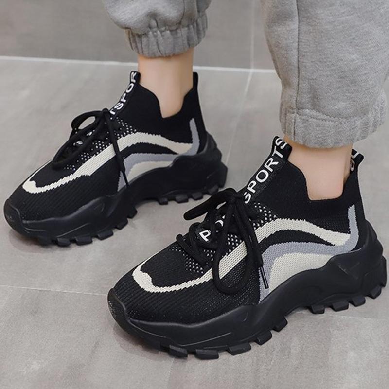 Fashion Fashion Mixed Colors Mesh Sports Shoes Women Thick Sole Non Slip Lace Up Chunky Sneakers Summer Comfort Platform Casual Shoes