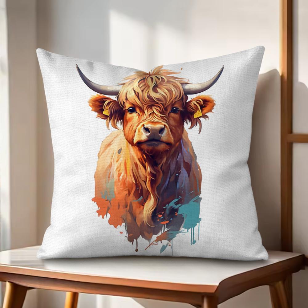 Highland cow  flower Cushion Cover Natural Linen Organic Fabric DoubleSided Printing Couch Pillow Covers Home Decor Gift