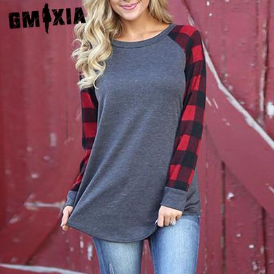 Spring Women's Crewneck Plaid Color Matching Long-sleeved Base T-shirt Top