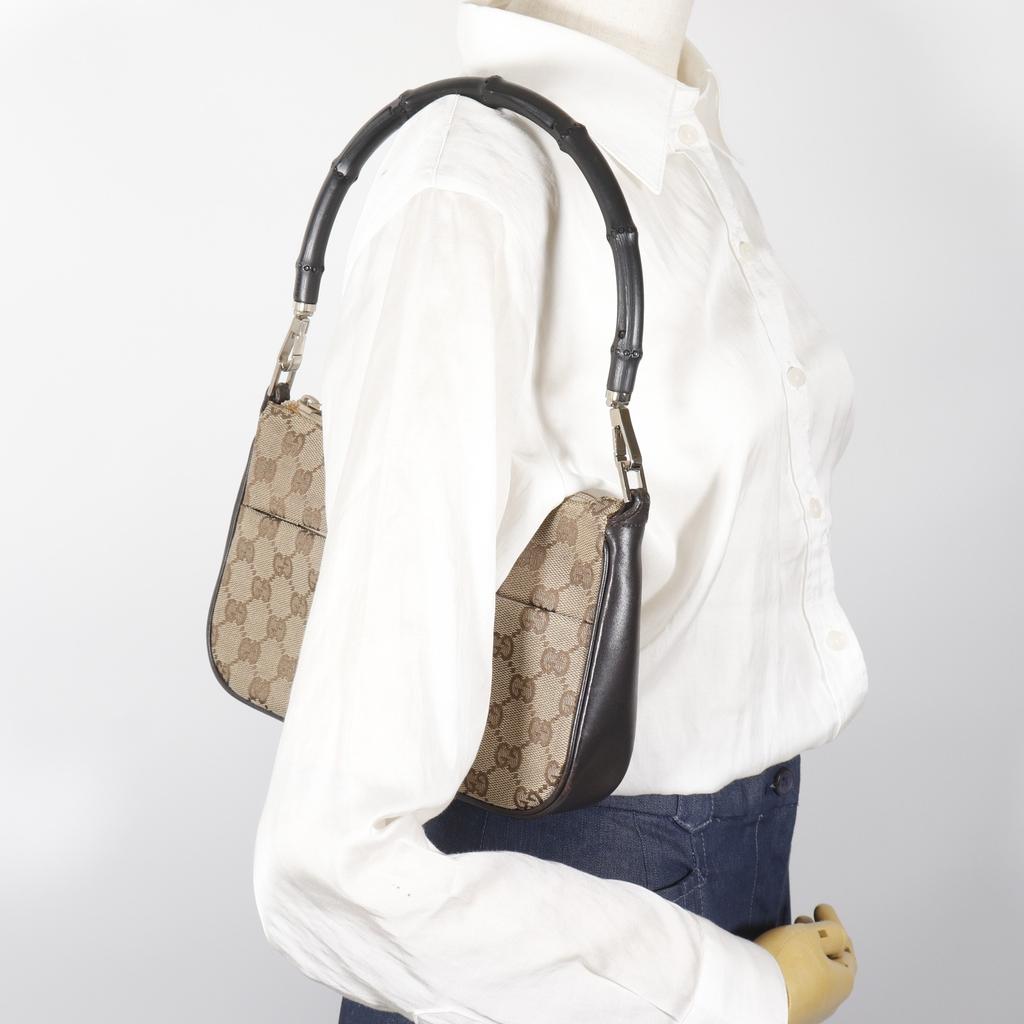GUCCI Bamboo Shoulder Bag 001.387 Handbag Brown GG canvas Women Used