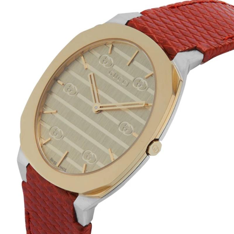 Gucci 25H Gold Dial Watch Red Leather Strap YA163415