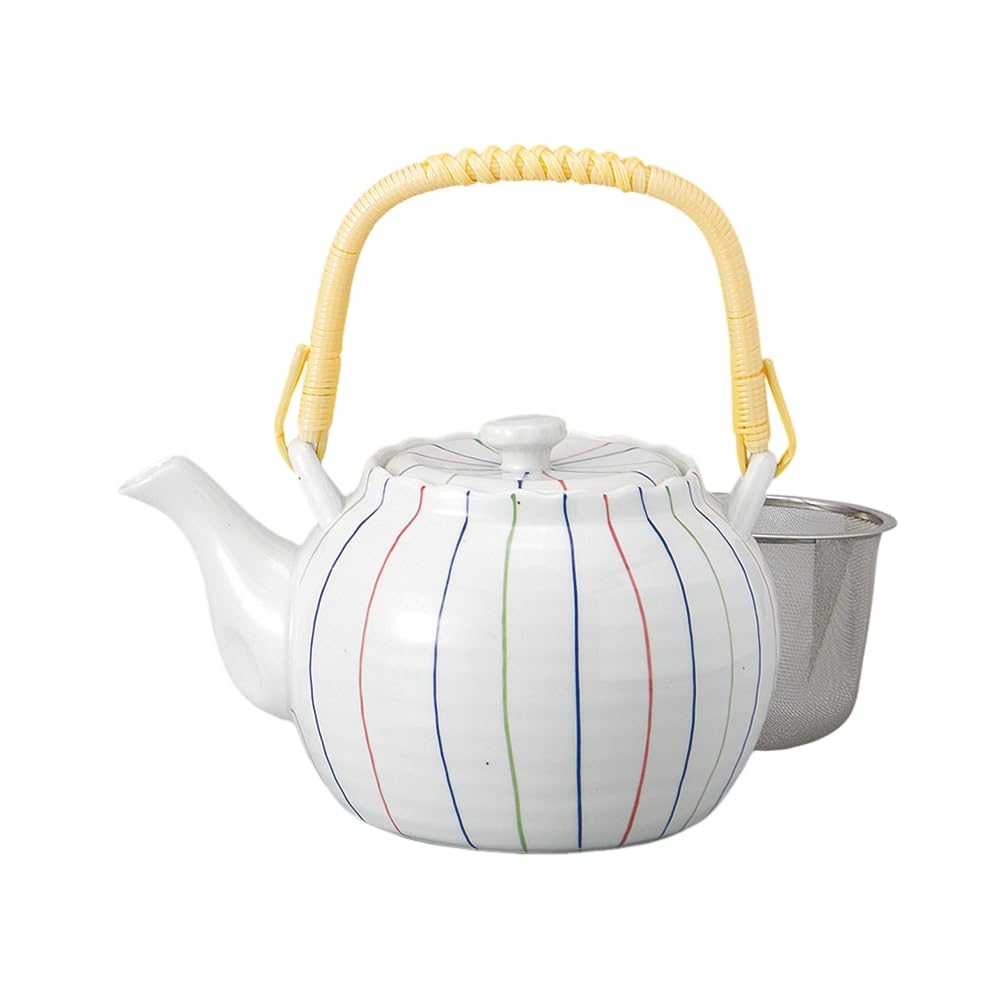 

Ale-net Teapot, 1070cc, Three-Color Line Design, No. 6, with Stainless Steel Tea Strainer, Porcelain, Stylish