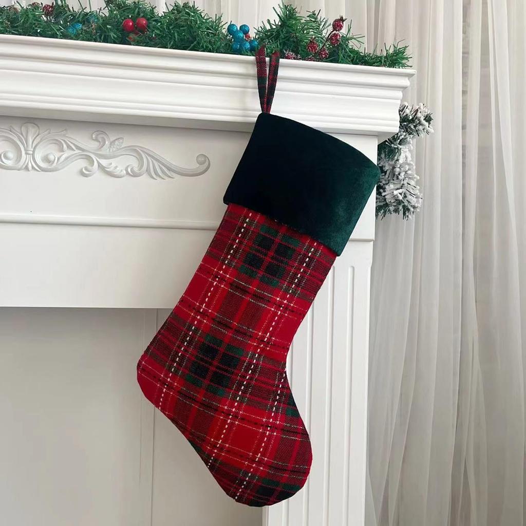 Christmas Stocking Plaid Pattern Blank Hanging Stocking with Fold Over Cuff Durable Fabric Design for Holiday Decoration