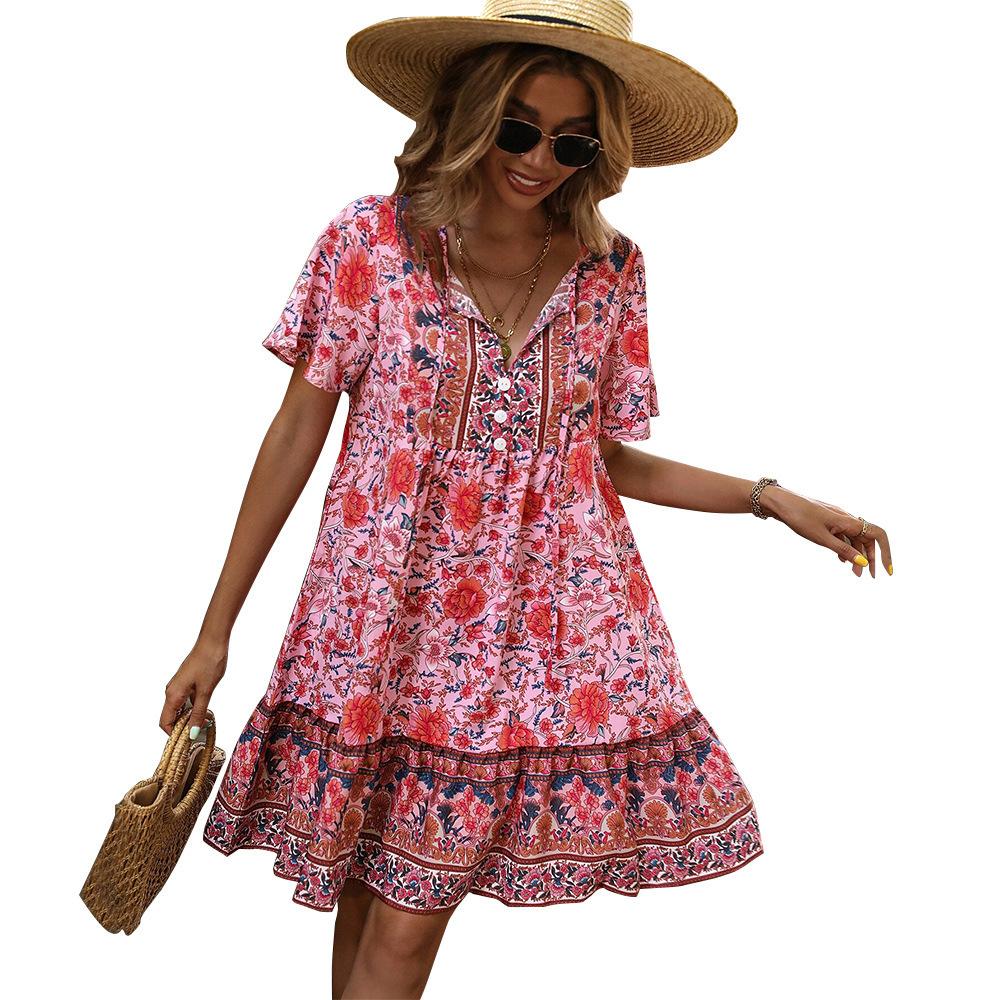 New 2026 European and American women's clothing small floral V-neck loose casual bohemian vacation dress