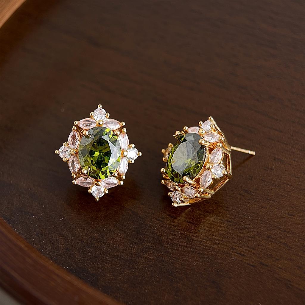 Vintage French Geometric Pigeon Egg Zircon Stud Earrings – Silver Needle, Light Luxury Style for Women