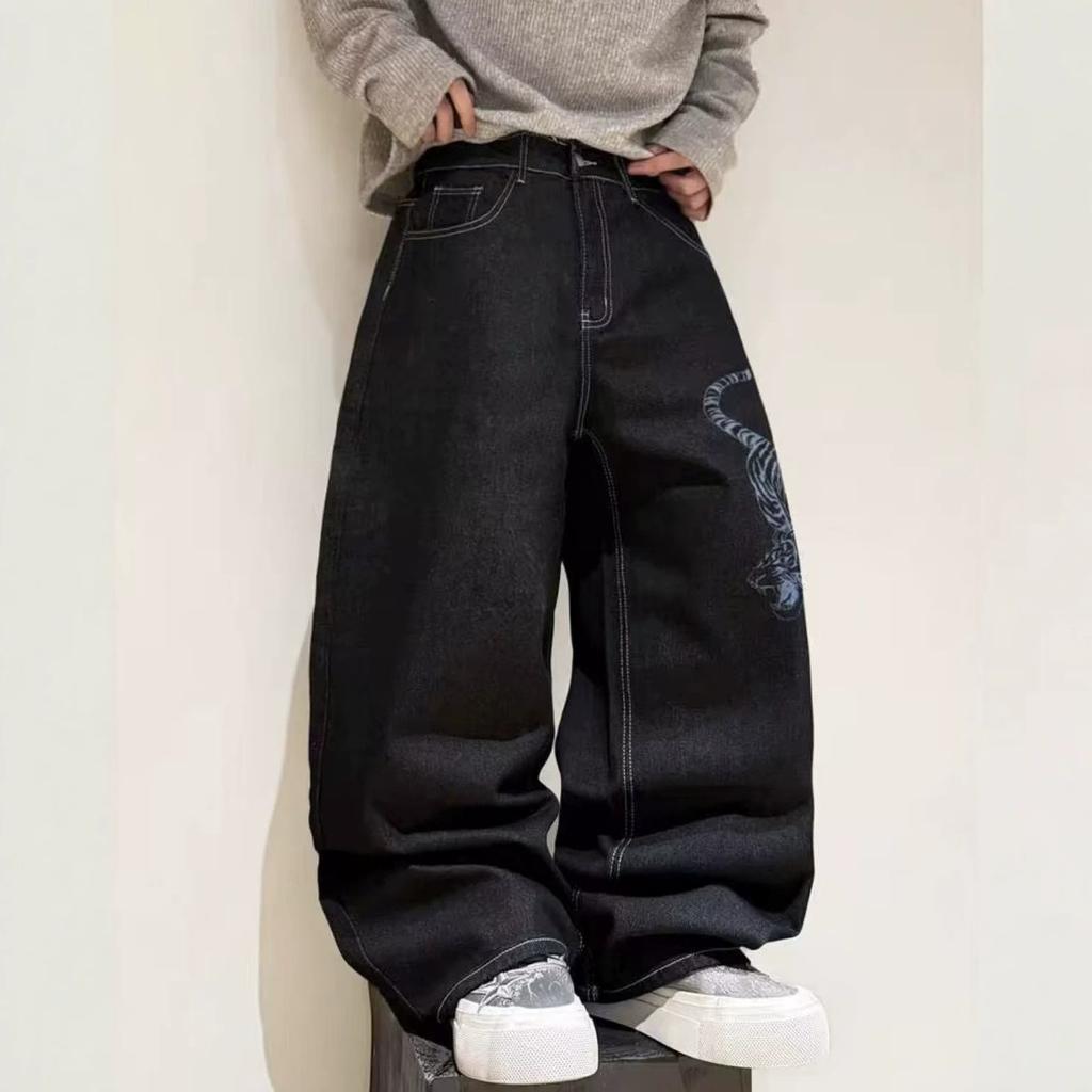 European and American Hip-hop Jeans Loose Printing Men's Trendy Versatile Casual Straight Wide-leg Denim Trousers