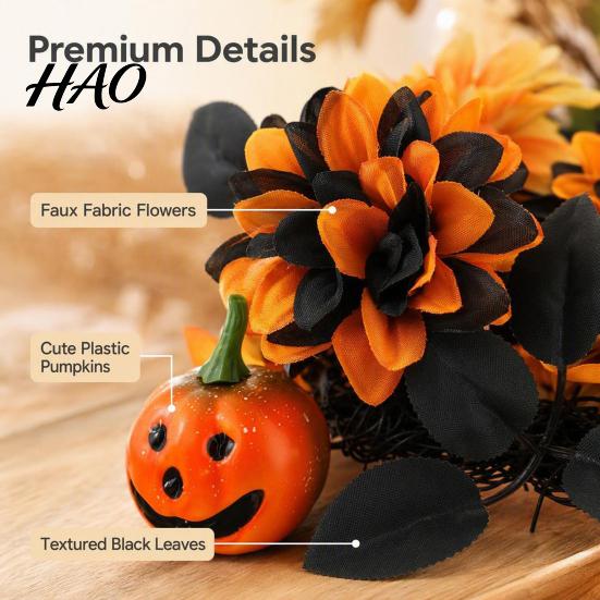 Thanksgiving Fall Hanging Decor Halloween Wreath for Front Door, Artificial Maple Leaf Rose Pumpkin Decorative Pendant Wall Wreath, Autumn Harvest
