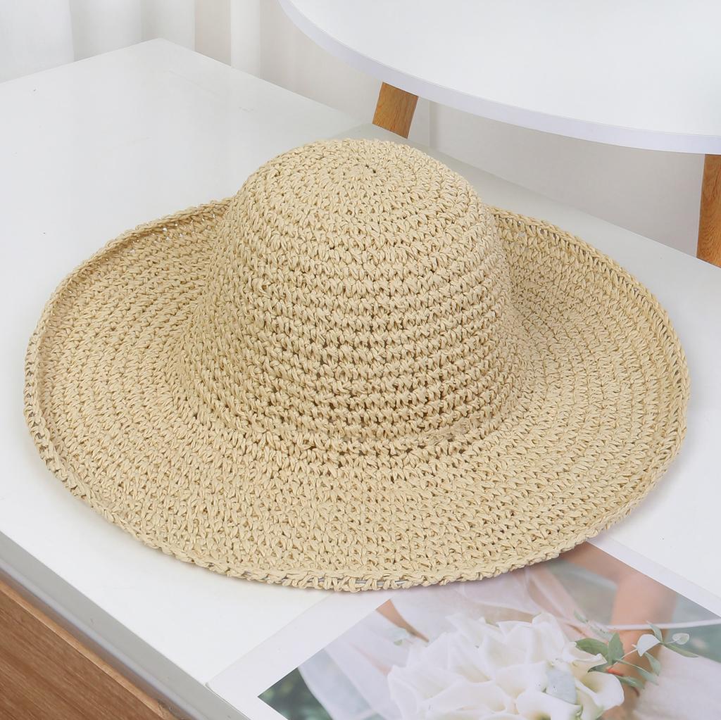 Summer simple solid color handmade crochet straw hat seaside vacation beach hat women's outdoor sunshade sun protection hat