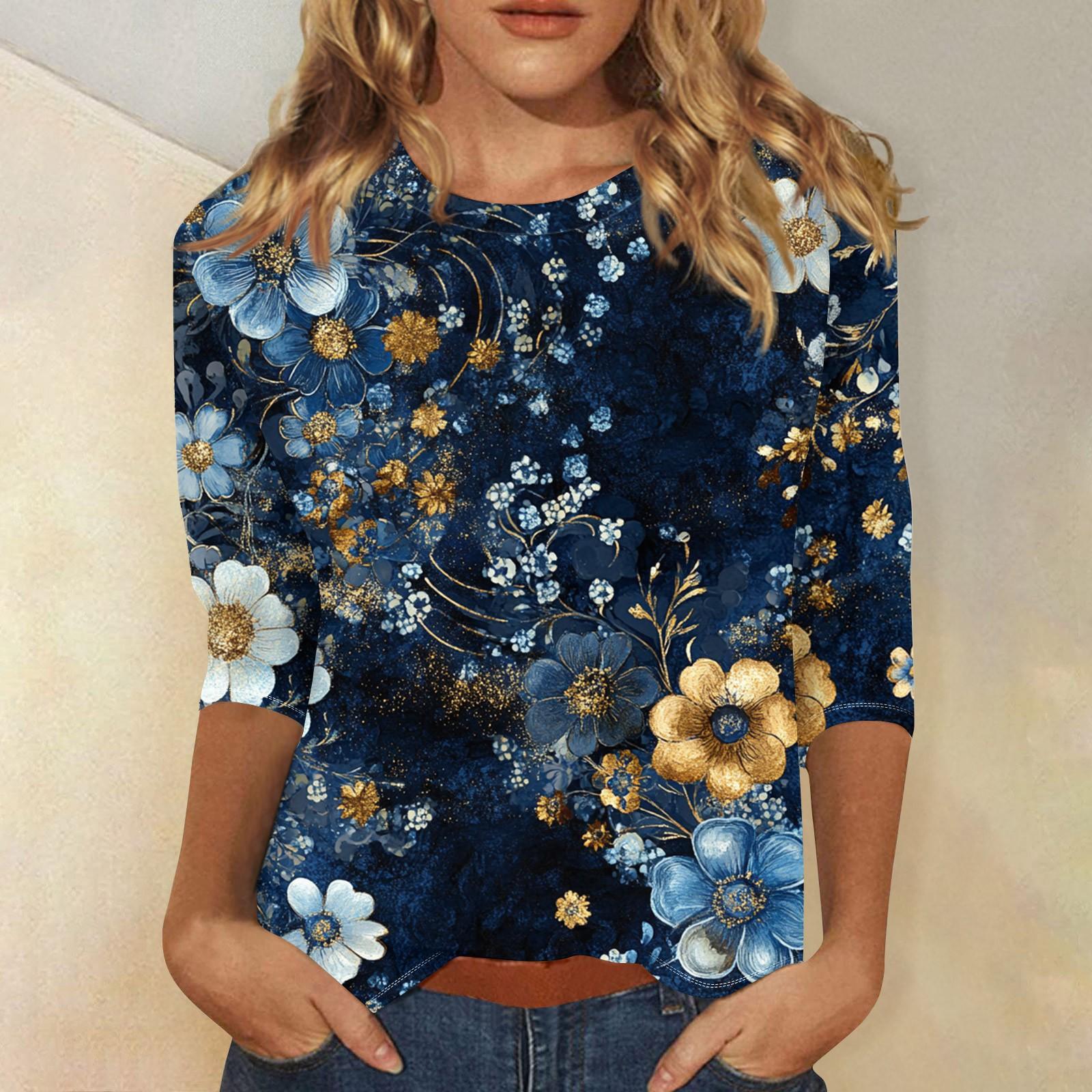 

Женская мода повседневная три четверти рукав цветочный принт круглый вырез пуловер топ XXXL