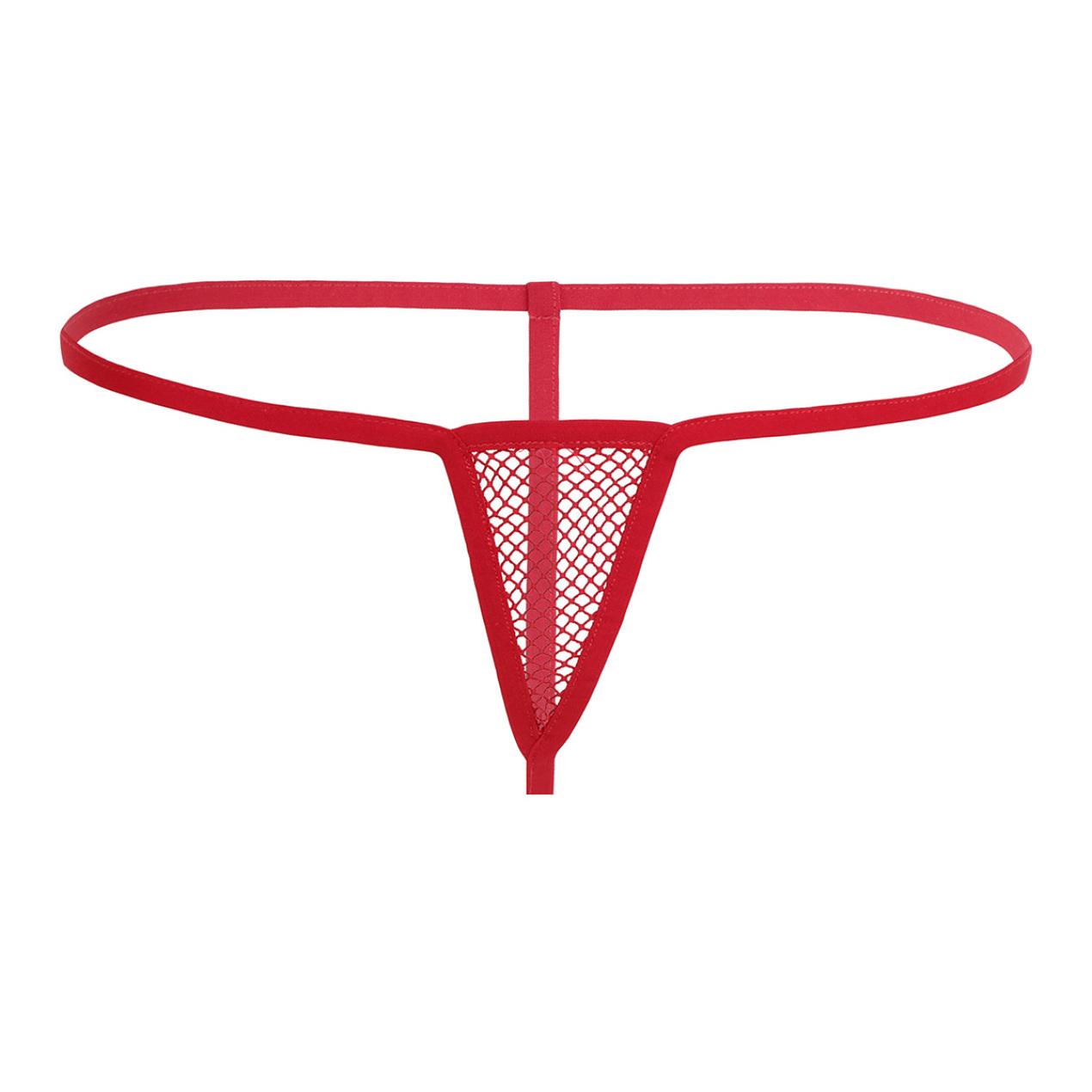 

Женские мини-стринги в сеточку спереди с прозрачным эластичным поясом и открытой попкой красный