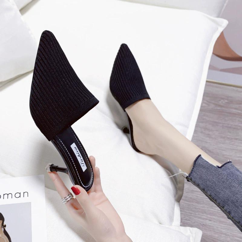 WTEMPO Neue Damen Oberbekleidung Modische Gewebte Retro Halbschuhe Spitz zulaufende Zehenkappe Hoher Dünner Absatz Urlaubsstrand Hausschuhe