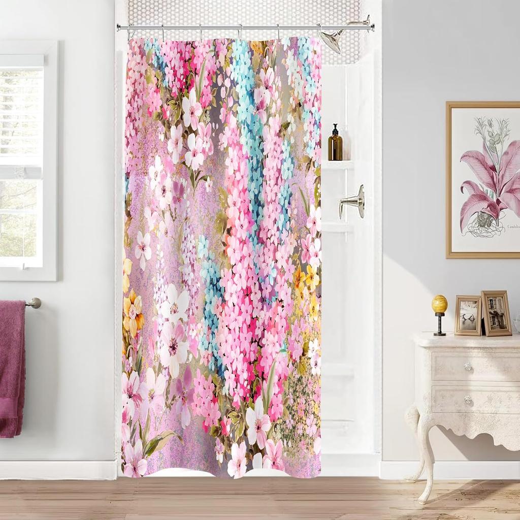 Purple Floral Shower Curtain,Colorful Flower Fabric Shower Curtain for Bathroom, Pretty Funky Watercolor Cloth Shower Curtain