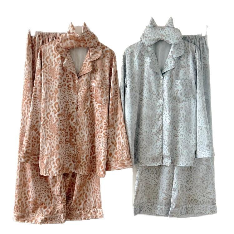 Original New Light Luxury Style Leopard Print Pajamas Women's Long-sleeved Trousers Ice Silk Satin High-end Satin Loungewear Set