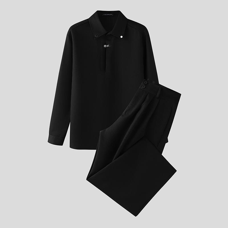 

INCERUN Oversized Men Sets Long Sleeve Shirts Long Pants Casual Two Pieces Outfits M чёрный