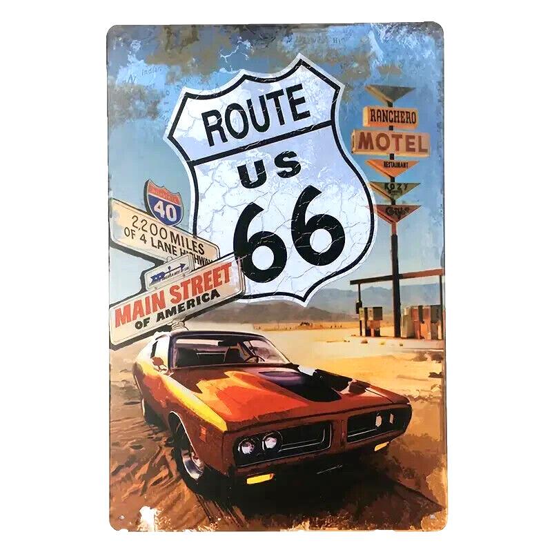Прочный Железный Винтажный Металлический Знак Route 66 Настенное Искусство Route US 66 с Классическим Автомобилем 66 Отметки Миль Route 66 Ретро 1960-х R 20x30cm(7.8x11.8inch)