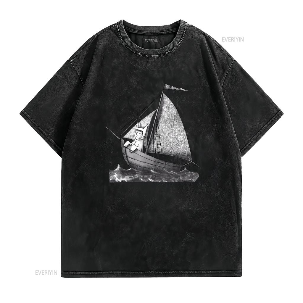 NWT Where the Wild Things Are Sailing on a Boat Funny Cool Trend T Shirt vintage Washed Casual Soft homme Breathable Stretched
