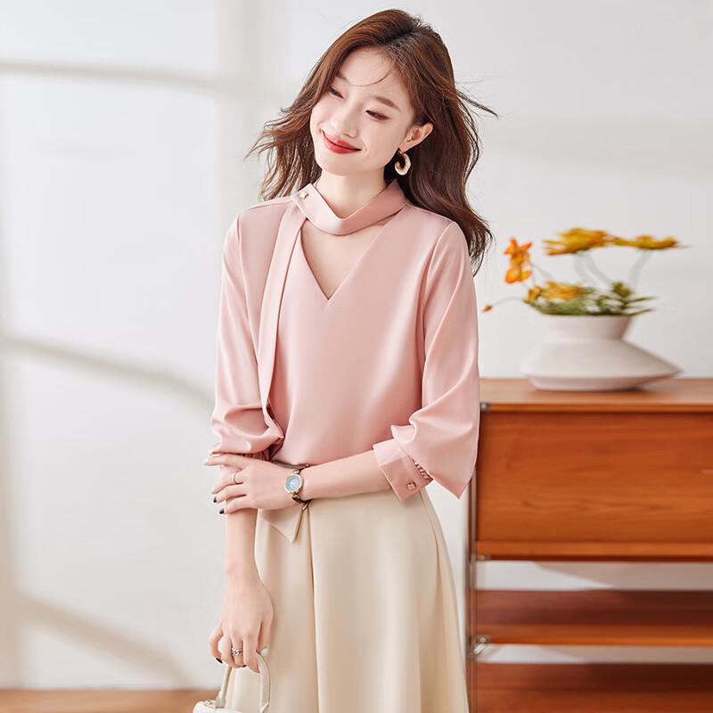 Women's French Style V-Neck Chiffon Ribbon Tie Shirt