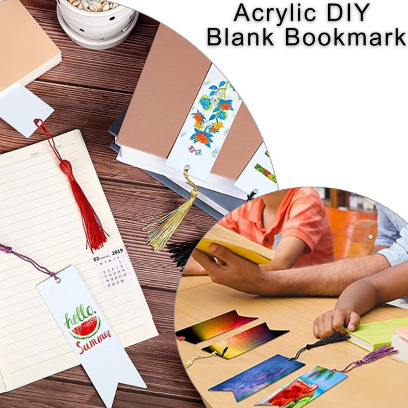12 Pcs Blank Bookmarks Set Rectangular Acrylic Bookmarks with Colourful Tassels Clear Bookmarks for Handmde Projects