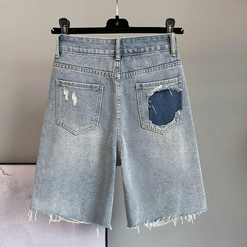 European Style High Waist Loose Fit Jeans Shorts with Colorful Diamond Inlaid Holes Summer Fashion Women's Pants
