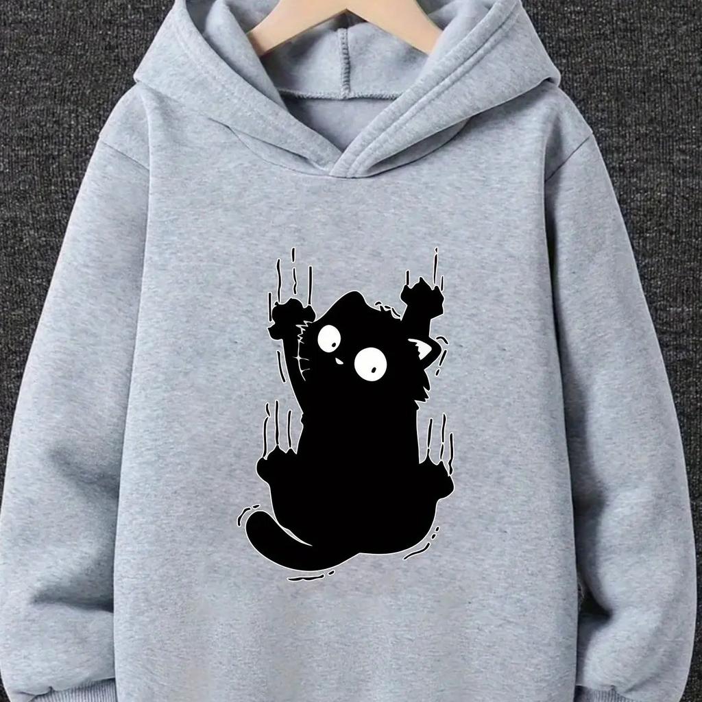 2026 Kids Cute Black Cat Hoodie Cartoon Graphic Print Kawaii Animal Pullover Sweatshirt Girls Boys Pink Casual Spring Autumn