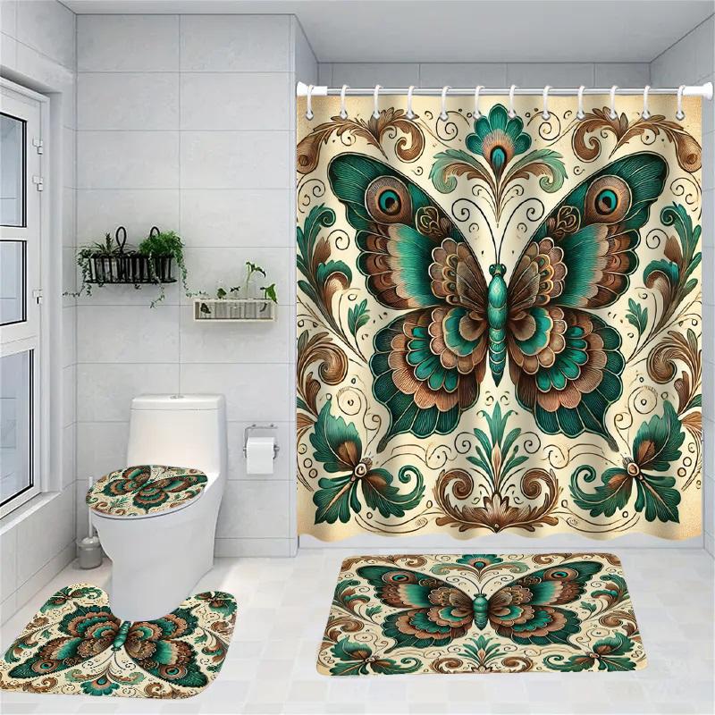

Animal Butterfly Pattern Shower Curtain Bath Sets Waterproof Non-Slip Bathroom Rug Toilet U With 12 Hooks Home Deco W60H190(CM)-1 Pcs