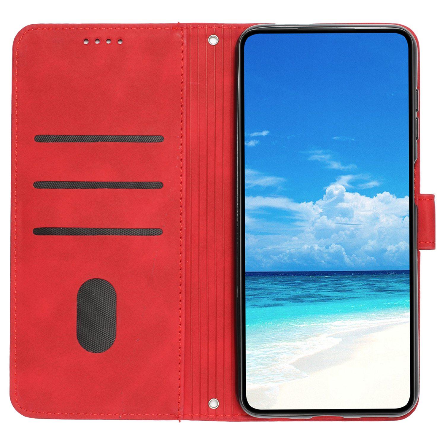 

Heart Shape Imprinted Case for iPhone 12 Pro Max 6.7 inch,Skin-touch Feeling PU Leather Stand Wallet Phone Shell with Strap Red