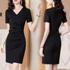 Eng anliegendes Damenkleid Raffung Bodycon Einteiler Kurze Ärmel V-Ausschnitt