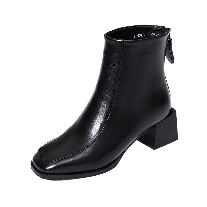 2025 New Retro Thick Heel Short Boots Women's Winter Square Head Middle Heel Thin Elastic Thin Boots Bare Boots Women's Martin Boots