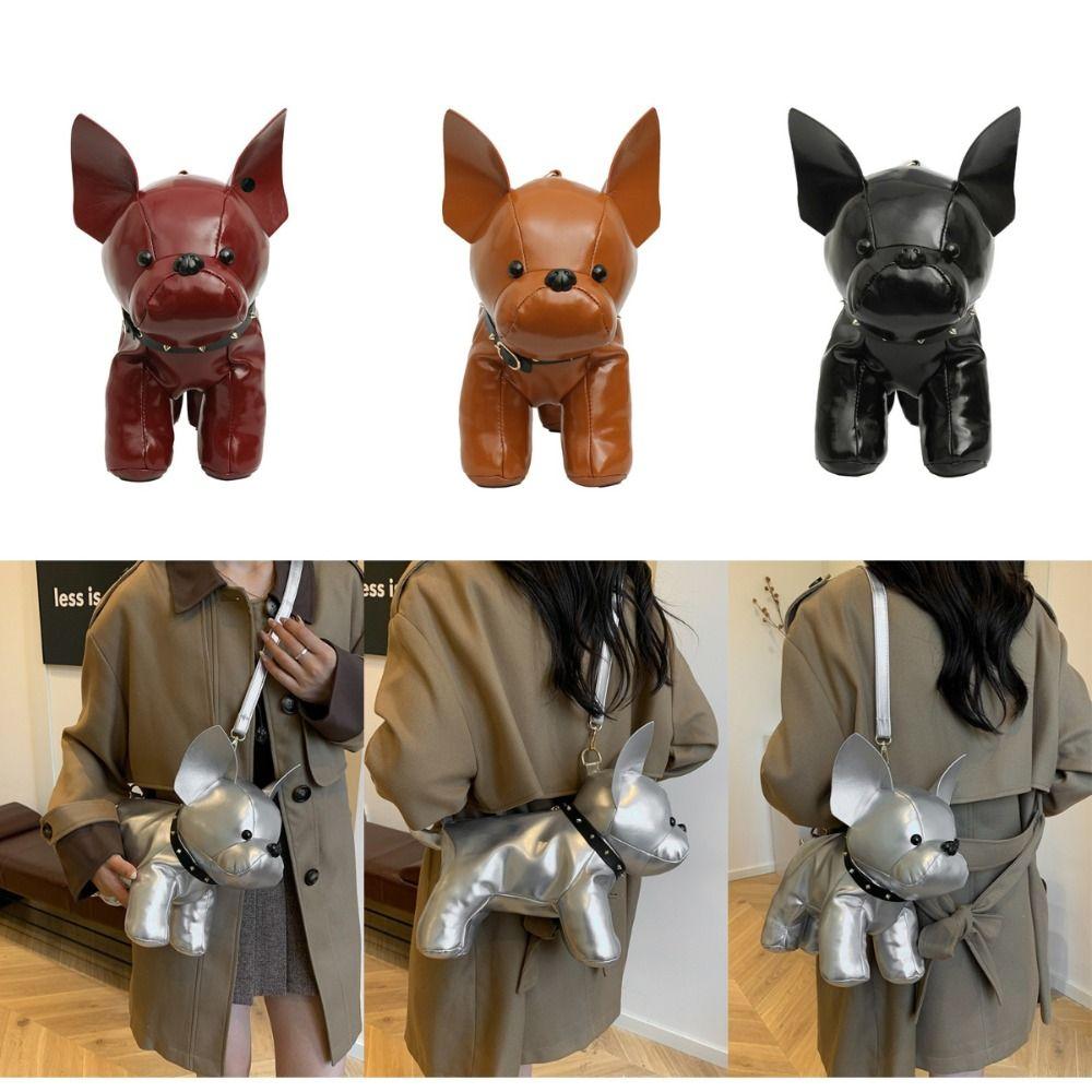 Sac à bandoulière réglable pour chien Fermeture éclair Sac messager en forme de bouledogue Matériau en cuir Portefeuille Sac fourre-tout en cuir PU