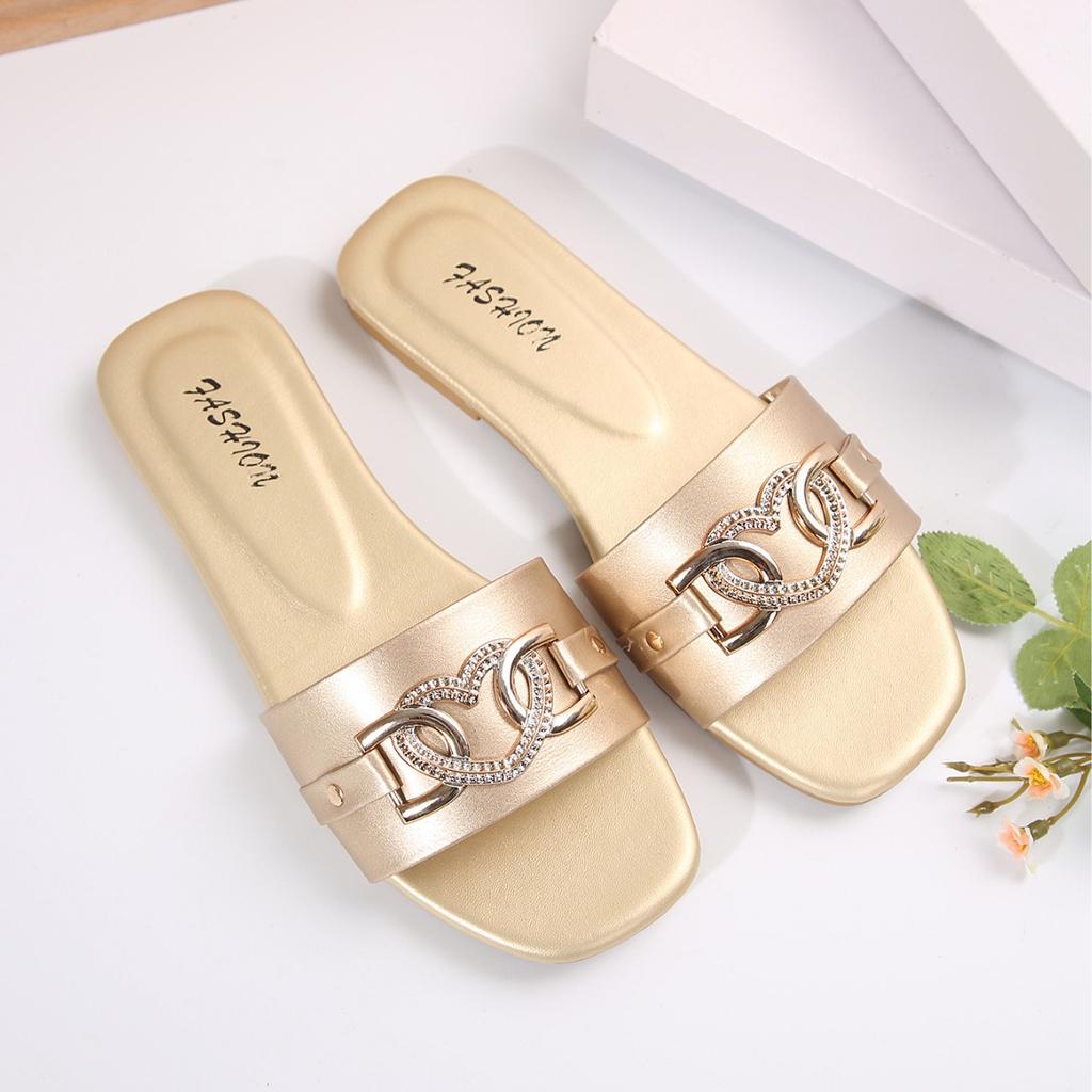 Women's Heart-Shaped Slippers Square-Toe Flat Sandals with Pure Color Metal Decorations Sandals