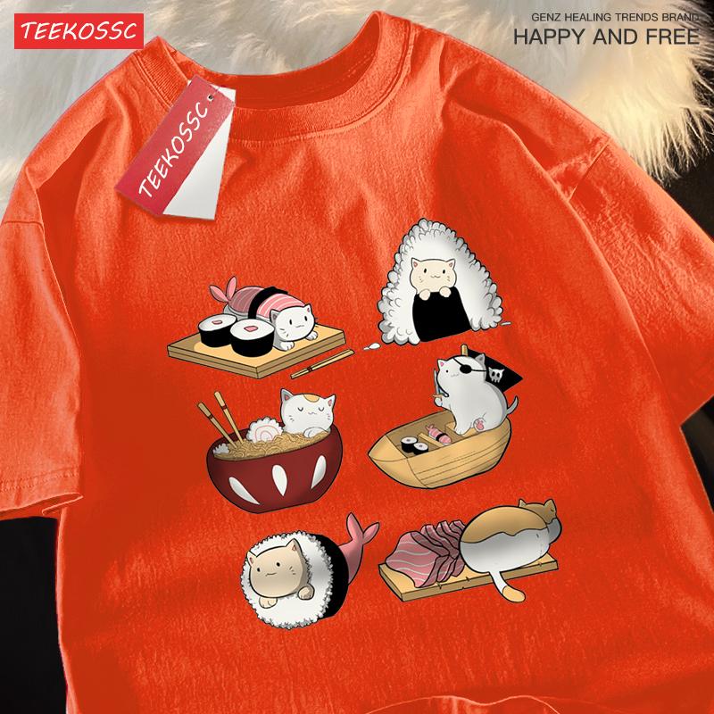 

Милые забавные мужские футболки с принтом кота-суши, хип-хоп, оверсайз, модные летние топы, повседневные свободные парные футболки, мягкие, новые XL