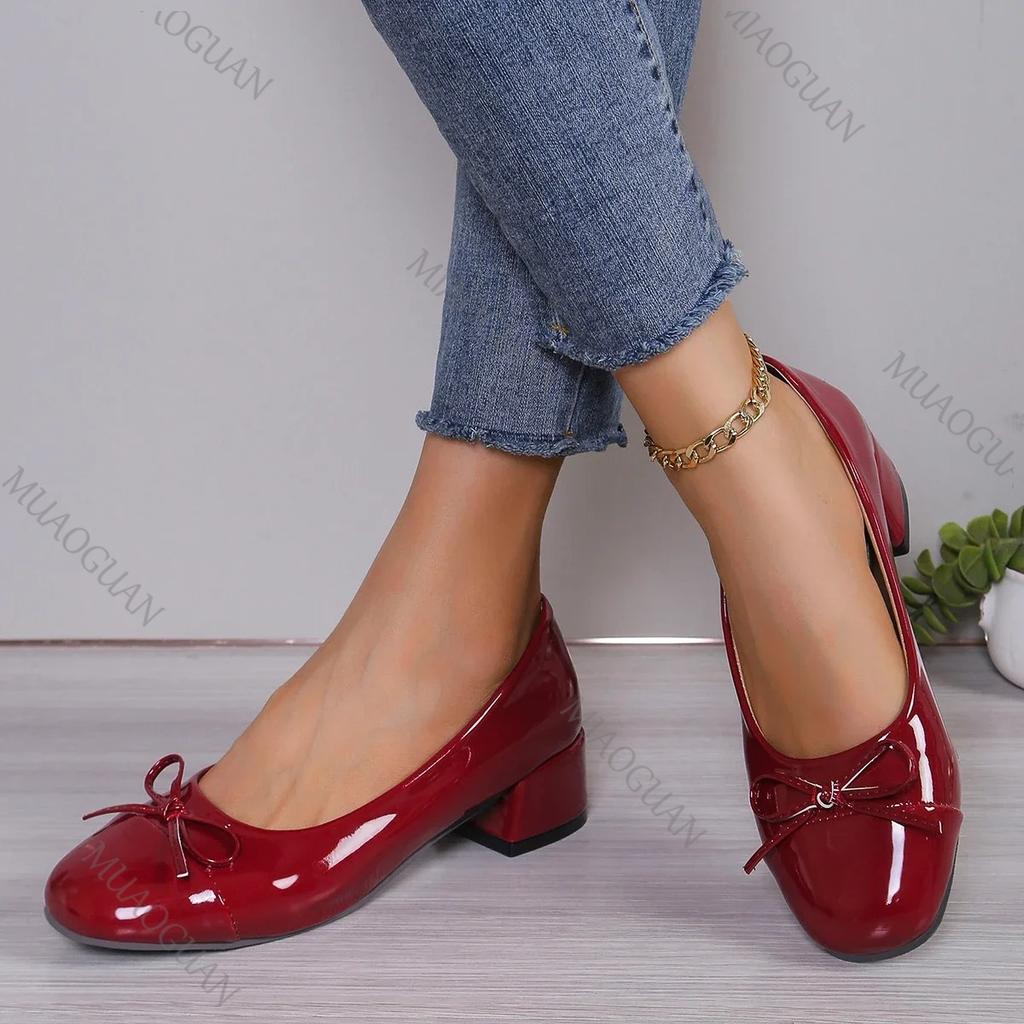 Fashion Women's Pumps Chunky Heeled Women Round Toe Bow-knot Sweet Wine Red Office Woman Mary Jane Shoes Fashion Shallow Heels for Women