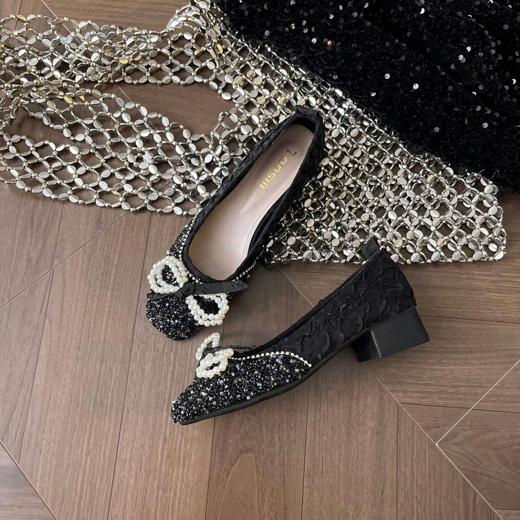 Damenschuhe mit eckiger Spitze, flachem Ausschnitt, neue Frühlings- und Herbstschuhe, temperamentvoller Strass-Schleife, dicker Absatz, temperamentvolle Damenschuhe