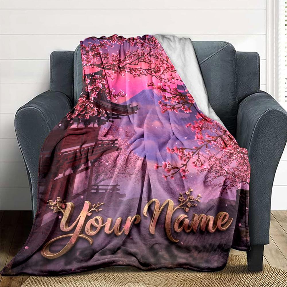Name Custom Mount Fuji Cherry Blossoms Print Flannel Blanket High Quality Warm Comfortable Cover for All Seasons Perfect for Gifts Home Decor