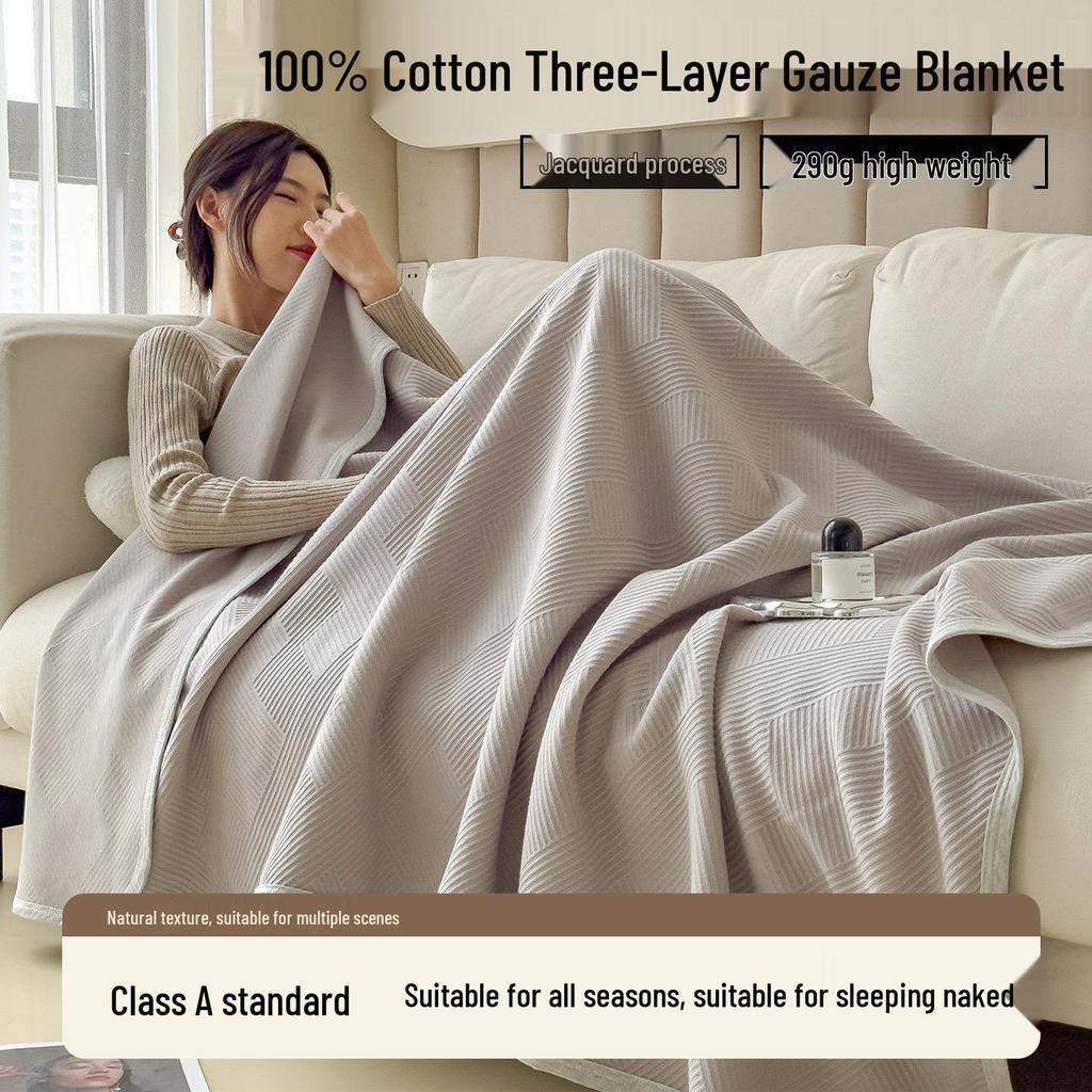 Class A Pure Cotton Three-Layer Gauze Blanket: Summer Cool, All-Season Jacquard Nap & Air Conditioning Quilt
