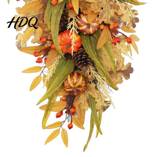 Autumn Door Swag Artificial Fall Teardrop Swag, Faux Pumpkins Berries Pinecones Leaves Easy Hanging Harvest Wreath for Thanksgiving Front Wall