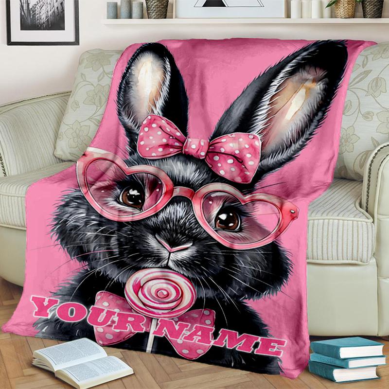 1PC Custom Name Rabbit Heart Glasses Bow Blanket Versatile,all-season Throw Suitable for the Living Room,bedroom,camping,travel,and Gift