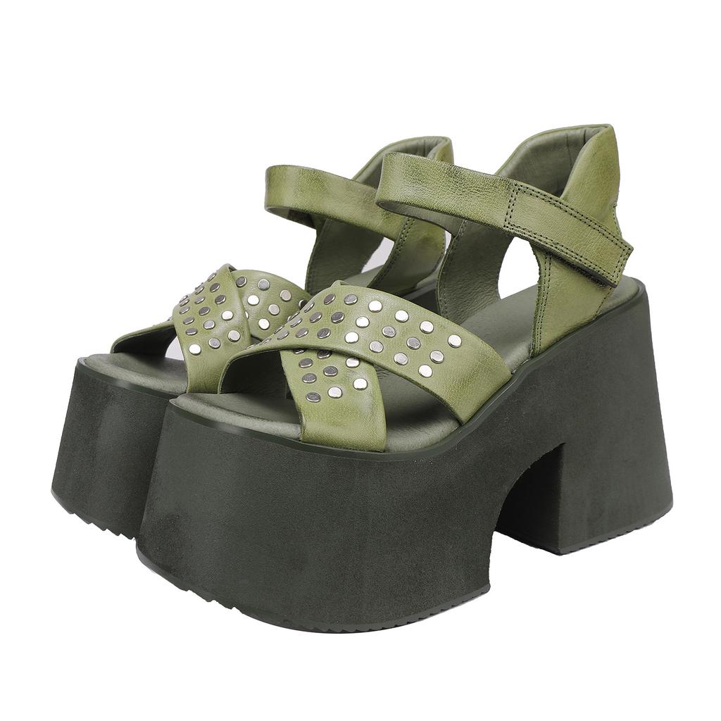 Johnature Genuine Leather Super High Heel Sandals Riveted Thick Soled Roman Women's Platform Shoes