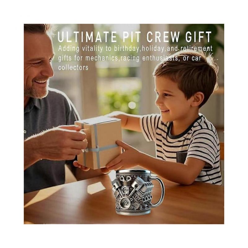 (V8)Personalized Stainless Steel Mug Engine Design Punk-Style Drinking Cup Double-Wall Insulated Cup for Car Enthusiasts