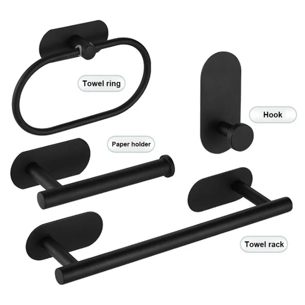 4PCS Wall Mount Toilet Towel Paper Holder Adhesive Black Silver Kitchen Roll Paper Stand Hanging Napkin Rack Bathroom Set