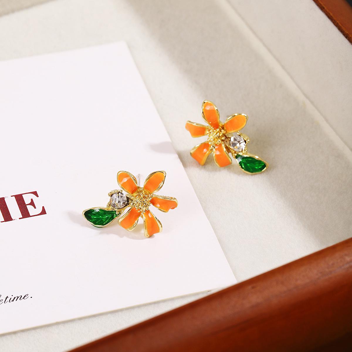 Silver Needle Fresh Forest Drip Oil Orange Flower Diamond Stud Earrings for Women - Summer Forest Style