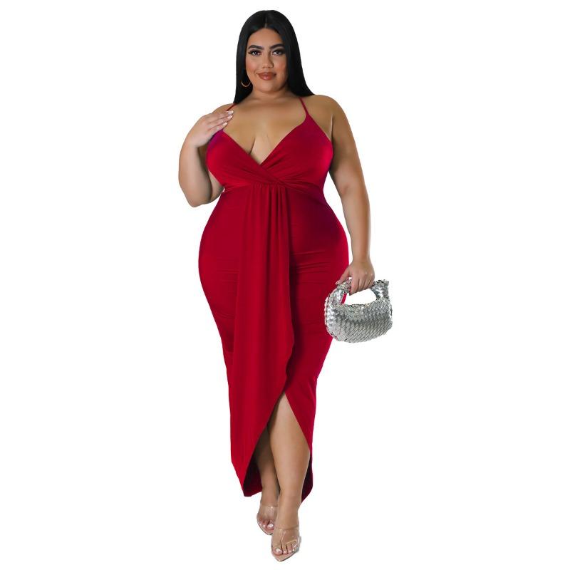 Plus Size Black Halter Deep V Neck Twist Front Ruched Split Bodycon Maxi Dress