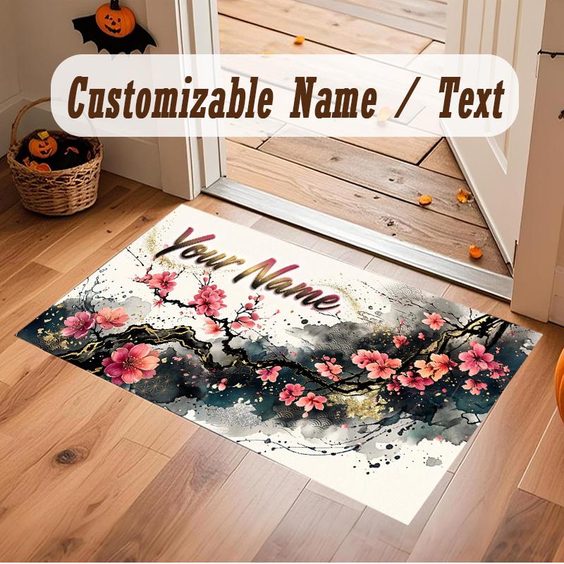 Floral Garden Theme Soft Crystal Velvet Rug Custom Name & Text Print Non Slip Floor Rug for Bedroom Living Room