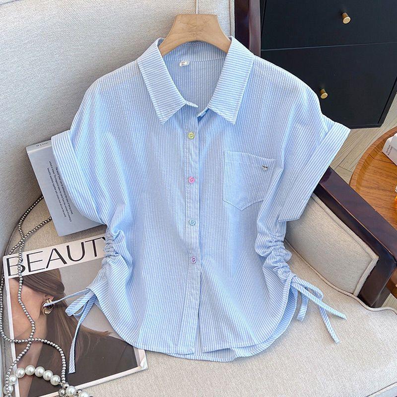 Summer 2025 Women's Striped Short Sleeve Shirt Korean Style Loose Fit Casual Versatile Short Length Drawstring Top