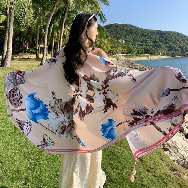 New Chinese Style Summer Women Silk Scarf Beach Wrap Shawl Floral Sunscreen Bandana Hijab Mujer Bohemian Musulman Scarve Pareo